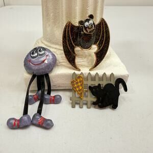 Lot of 3 Novelty Halloween Pins Black Cat, Bat, Monster brooches Fall theme
